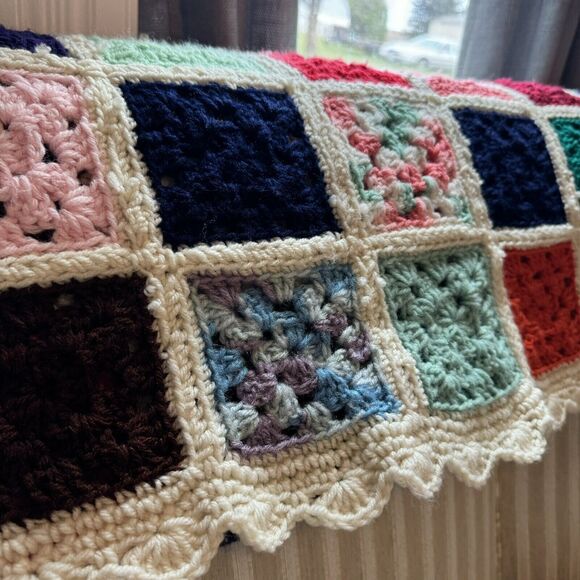 Homemade Knitted Crochet Granny Square Throw Afghan Blanket White 74x56 Roseanne - Picture 7 of 10